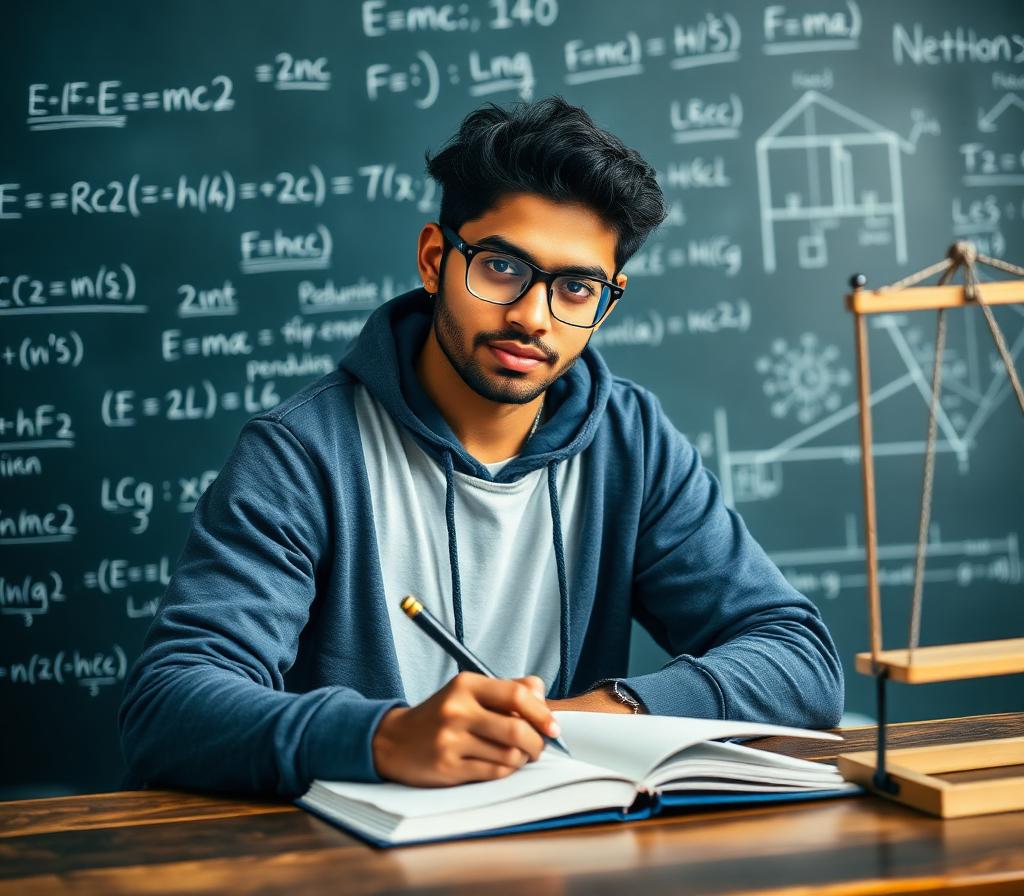 Physics Pathshala student studying with equations on chalkboard
